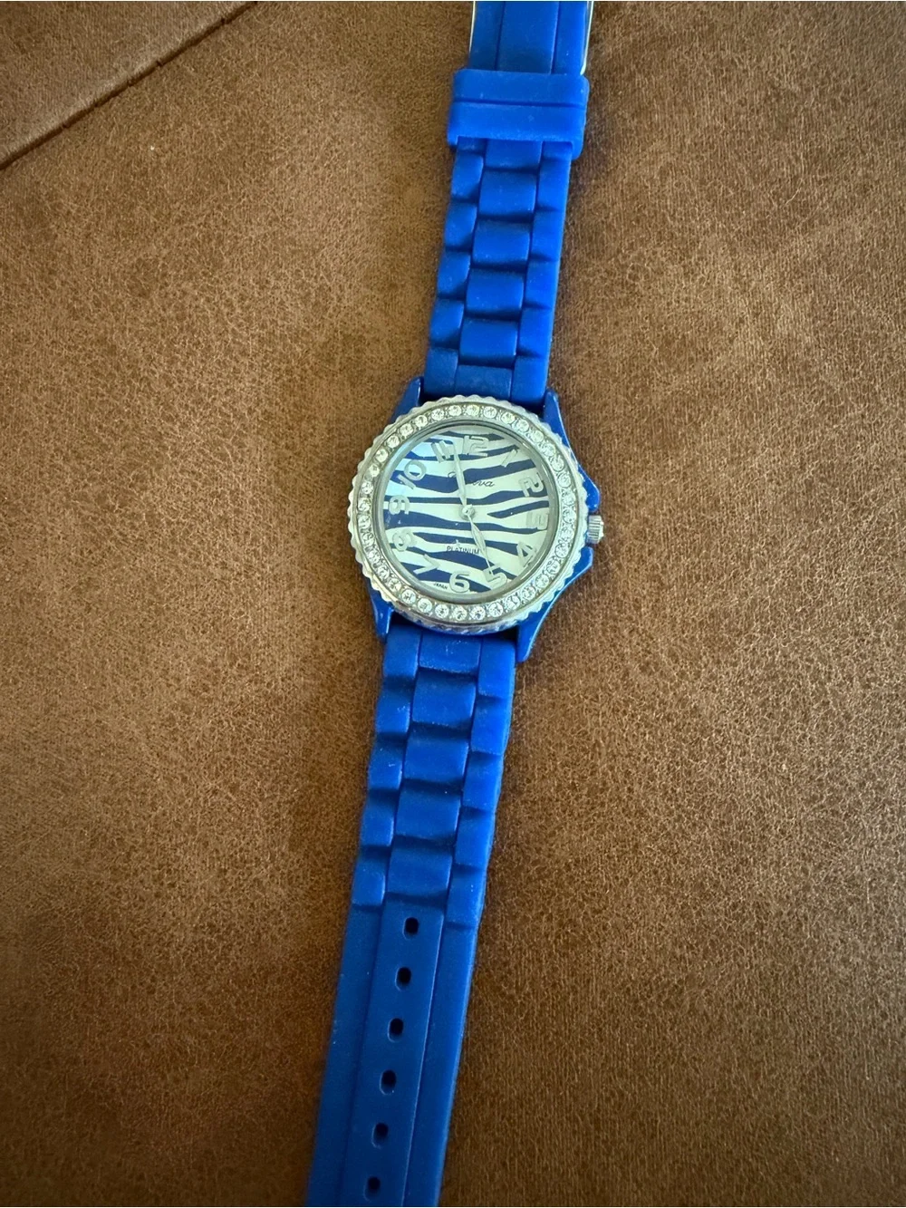 Geneva Platinum Women's Watch Blue Zebra Print Dial & Silicone Band, Rhinestone